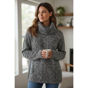 J. Crew Fleece Pullover Glen Plaid Turtleneck Funnel Neck Black White Women S